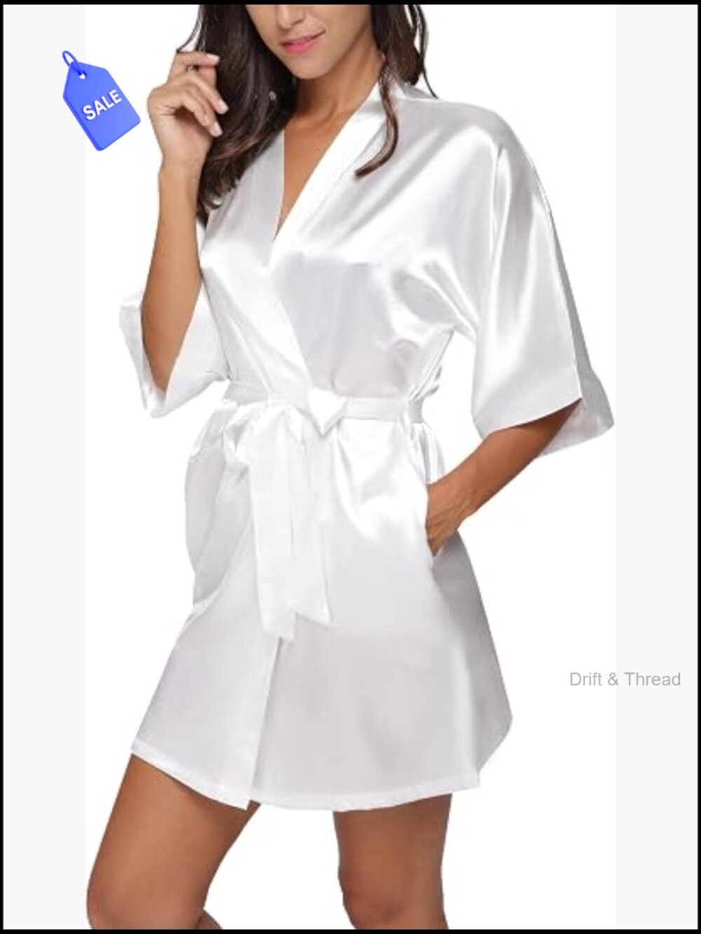 Short Satin Robe Silk Feel Kimono Loungewear V-Neck with Pockets